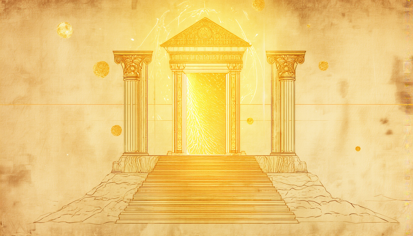 A doorway of light between two stone pillars