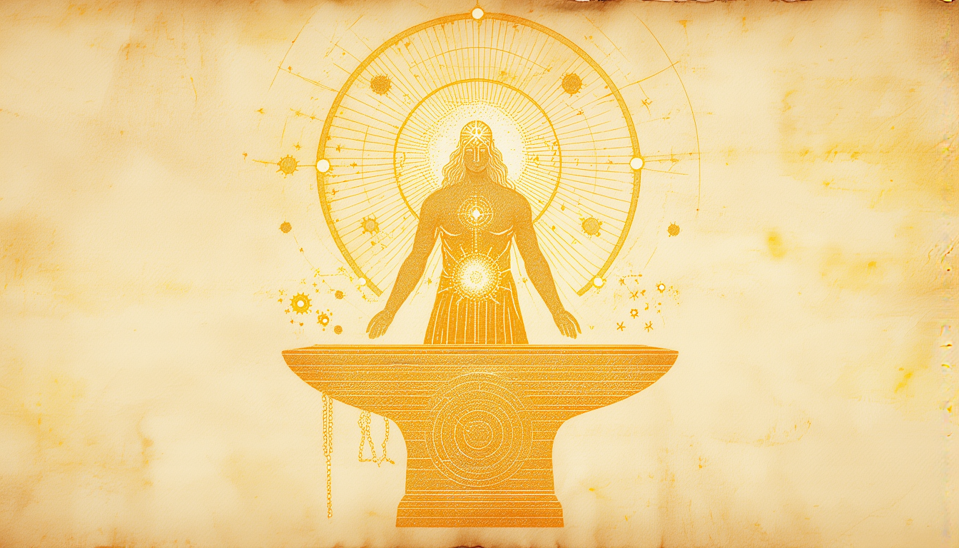 A golden craftsman in a cosmic forge shaping matter